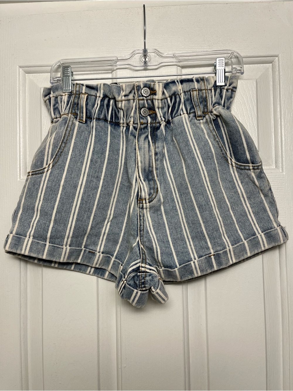 PacSun Blue and White Striped Paperbag Denim Shorts